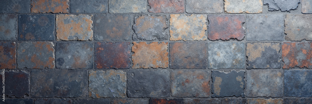 Obraz premium Weathered stone tile wall in rustic multicolor tones 