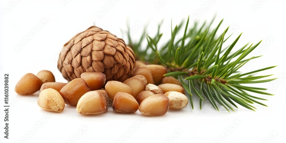 Siberian pine nuts and needles branch displayed against a white background, showcasing the natural beauty and unique characteristics of Siberian pine nuts in a vivid composition. Siberian pine nuts and needles branch displayed against a white background, showcasing the natural beauty and unique characteristics of Siberian pine nuts in a vivid composition.