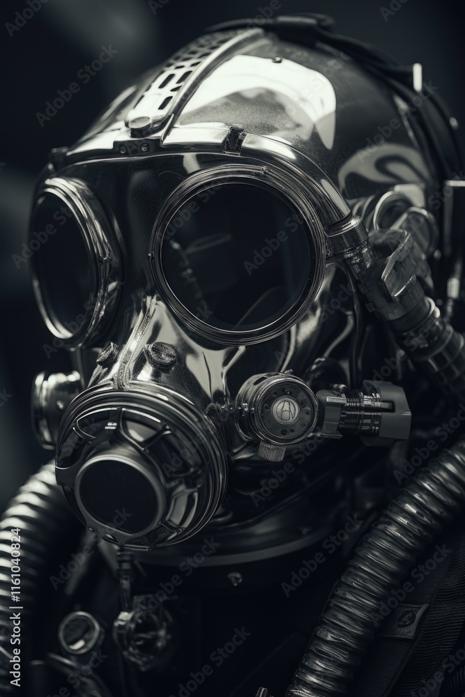 High-tech diver's mask and safety equipment, likely used in hazardous environments such as underwater exploration or industrial settings. High-tech diver's mask and safety equipment, likely used in hazardous environments such as underwater exploration or industrial settings.