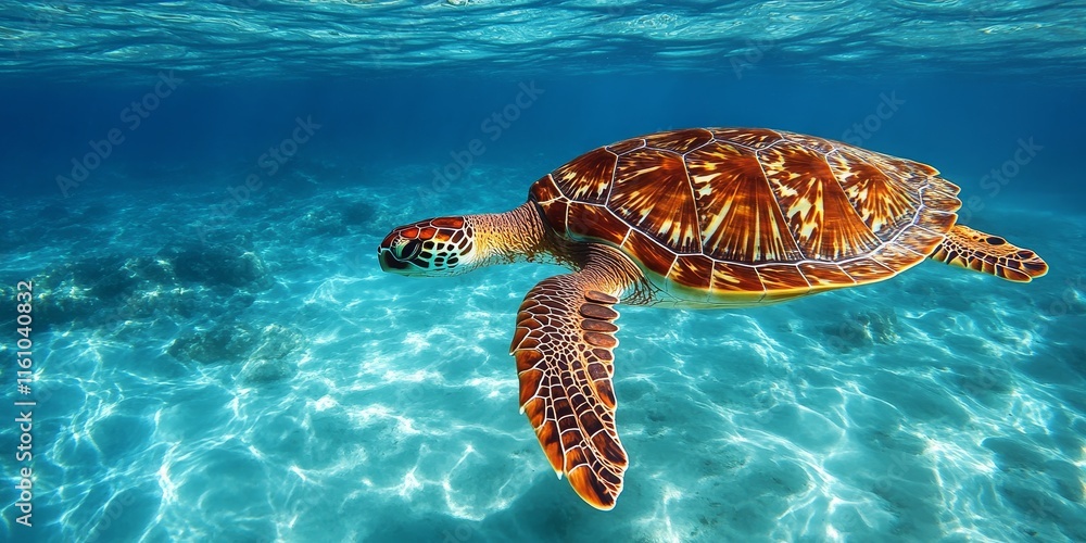 Fototapeta premium Majestic sea turtle gracefully swimming in tranquil blue waters, showcasing the beauty of wildlife conservation and the importance of protecting these magnificent sea turtles.