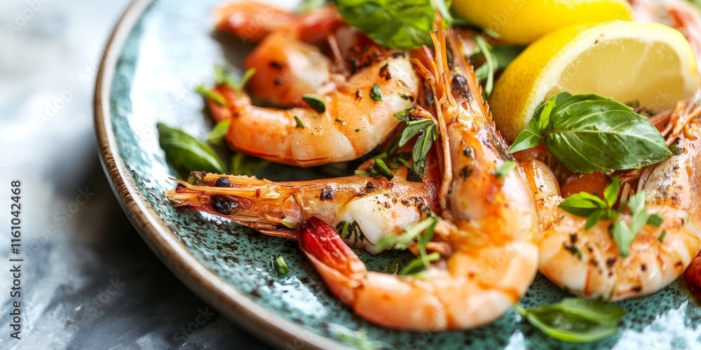 A dish featuring prawns garnished with lemon and aromatic herbs elegantly arranged on a plate. This dish showcases prawns flavored with refreshing lemon and fragrant herbs. A dish featuring prawns garnished with lemon and aromatic herbs elegantly arranged on a plate. This dish showcases prawns flavored with refreshing lemon and fragrant herbs.