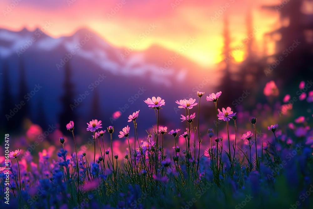 Naklejka premium Sunset wildflowers in mountain meadow. Vibrant colors, peaceful scene.