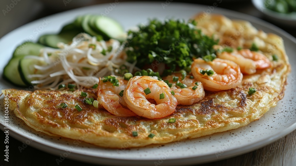 Shrimp omelet served on a plate with fresh vegetables in a vibrant dining setting Shrimp omelet served on a plate with fresh vegetables in a vibrant dining setting