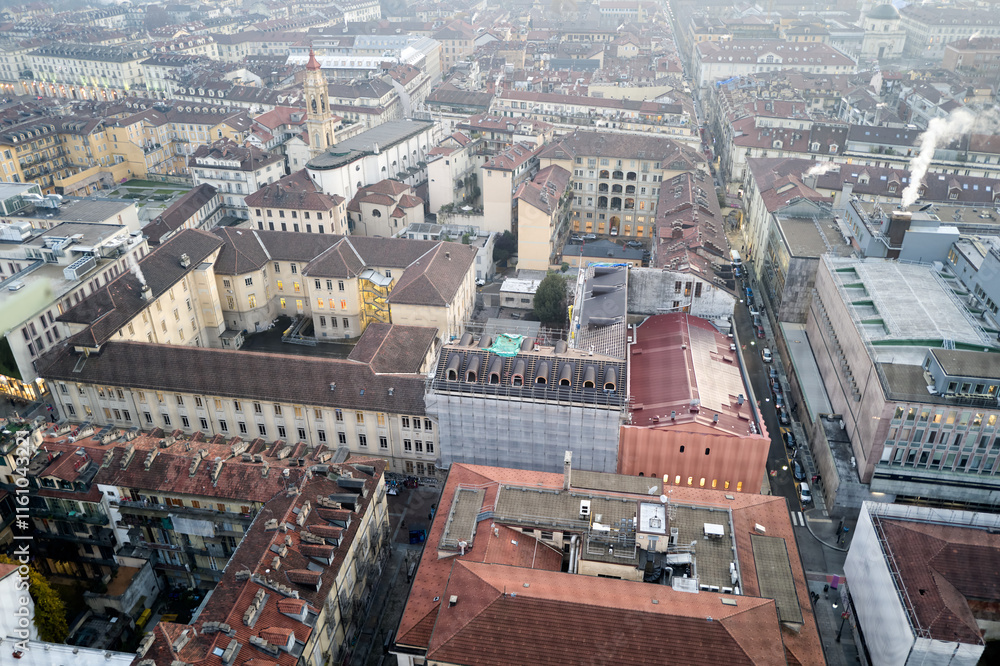 Fototapeta premium Views of the city of Turin at sunset from the dome of the Mole Antonelliana