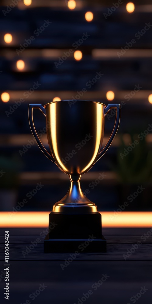 Shining trophy on a dark background with glowing lights, symbolizing achievement. Shining trophy on a dark background with glowing lights, symbolizing achievement.