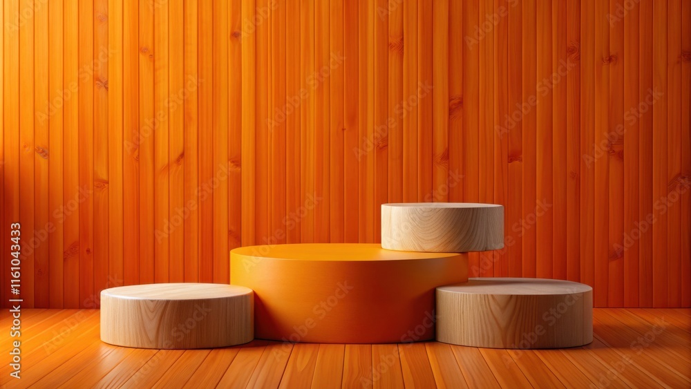 A Minimalist Wooden Product Display with Three Circular Platforms Against a Warm Orange Wooden Wall