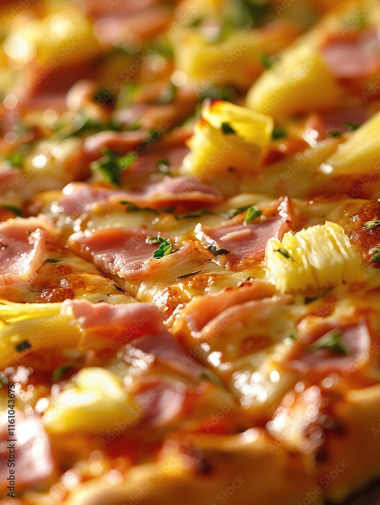 A slice of pizza with ham, pineapple and cheese on a golden crust. A slice of pizza with ham, pineapple and cheese on a golden crust.