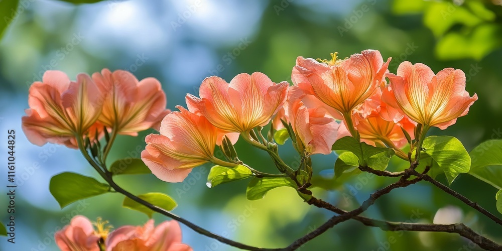 Obraz premium Spathodea campanulata, commonly known as the African tulip tree, showcases vibrant blooms. The African tulip tree exhibits astonishing flowers that enhance any landscape with their beauty.