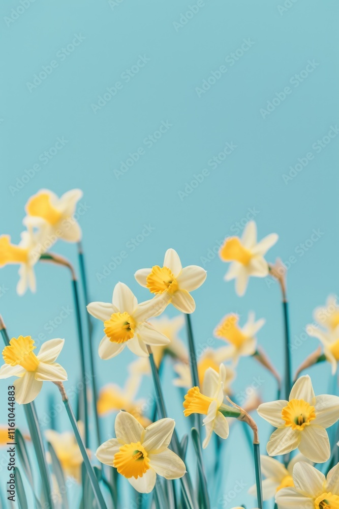 Obraz premium Vibrant yellow tulips blossoming under a clear sky.