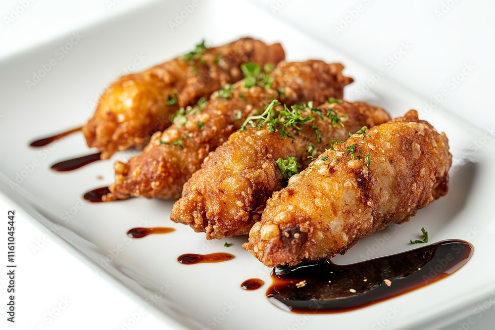 Crispy fried rolls served with a dark dipping sauce. A delicious appetizer or snack. Crispy fried rolls served with a dark dipping sauce. A delicious appetizer or snack.