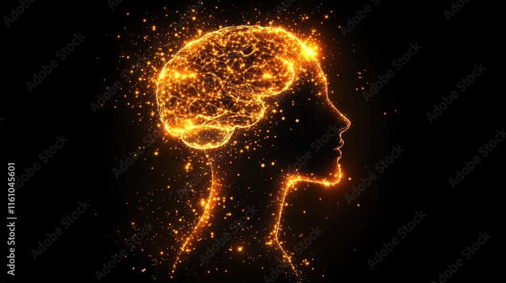 Illuminated brain silhouette with glowing neural networks on black background Illuminated brain silhouette with glowing neural networks on black background