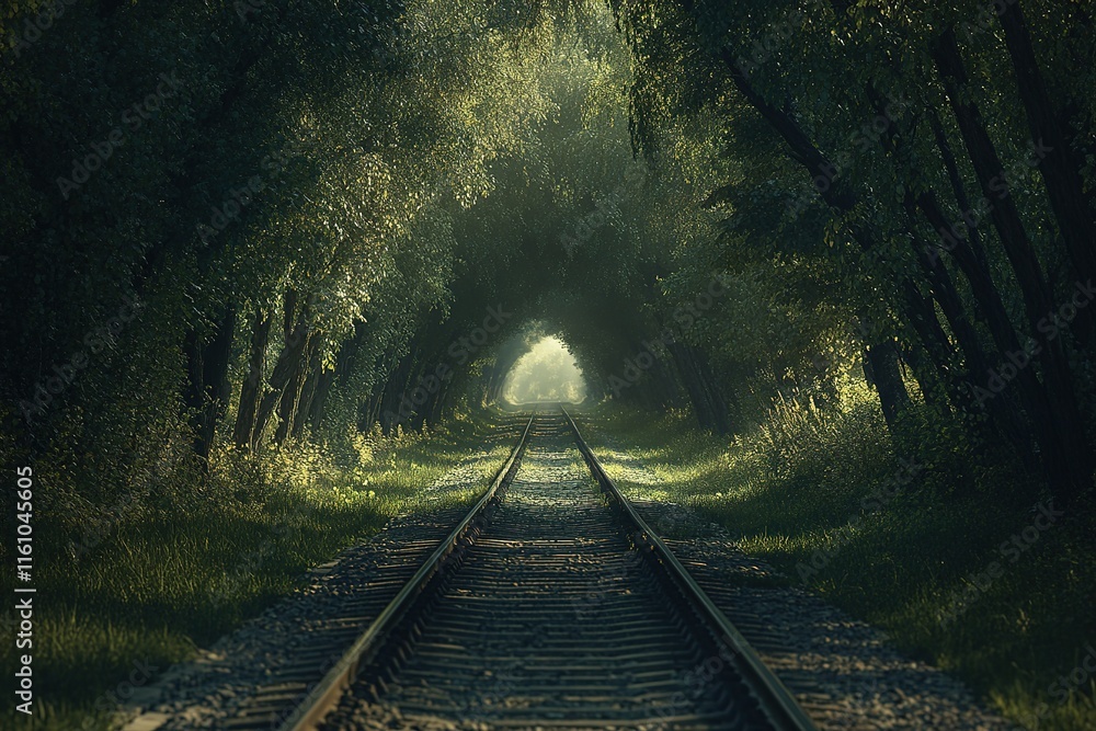 Naklejka premium Train tracks disappear into a sunlit forest tunnel, creating a mystical and serene atmosphere.