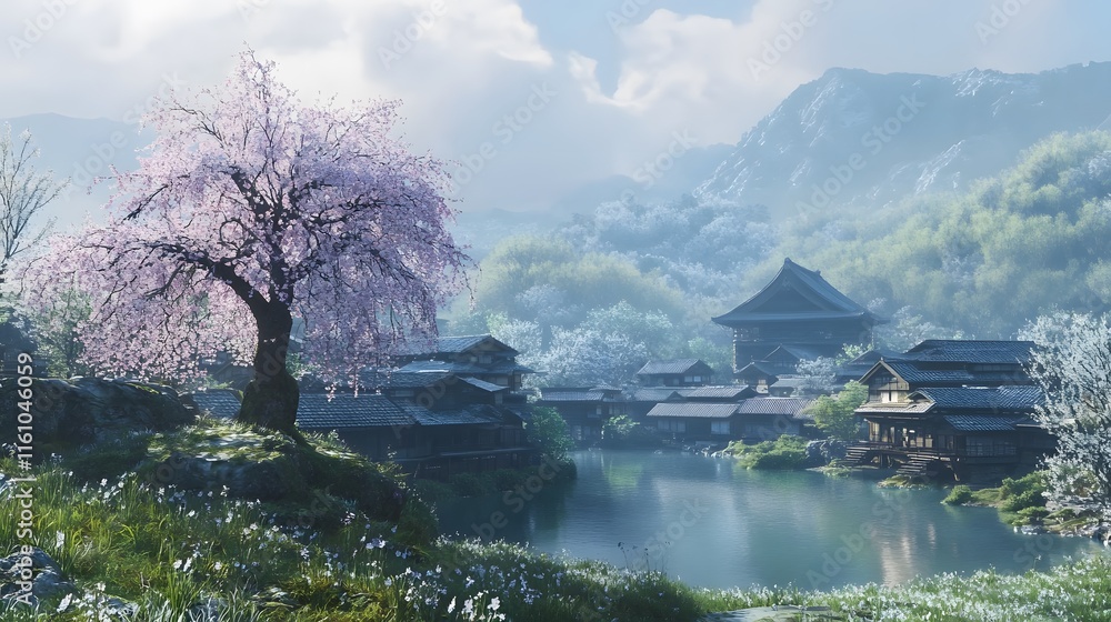 A magnificent and beautiful cherry blossom tree standing alone, with a peaceful and beautiful view of a Japanese village A magnificent and beautiful cherry blossom tree standing alone, with a peaceful and beautiful view of a Japanese village
