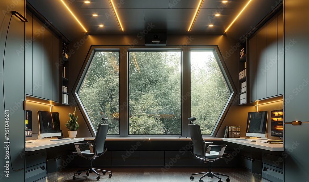 Fototapeta premium A small dark olive colored office with natural daylight coming through three windows built in cabinets. Moody futuristic light fixtures in the corner. Office desk with dual monitors.