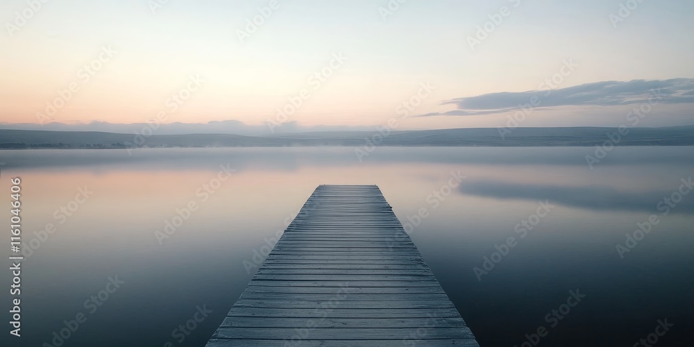 Obraz premium A solitary wooden jetty extends into a serene saltwater lake during the tranquil early morning hours, just before dawn, creating a peaceful atmosphere around the wooden jetty.