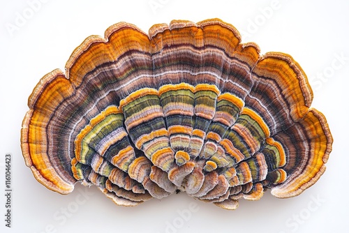 vibrant turkey tail mushroom with its layered colorful cap pattern displayed flat on white background photo