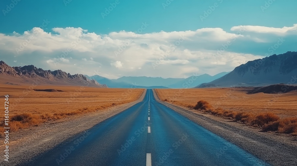 Fototapeta premium A long road extends into the distance, framed by a dramatic blue sky, creating a captivating scene of a long road that invites exploration and adventure along its path.