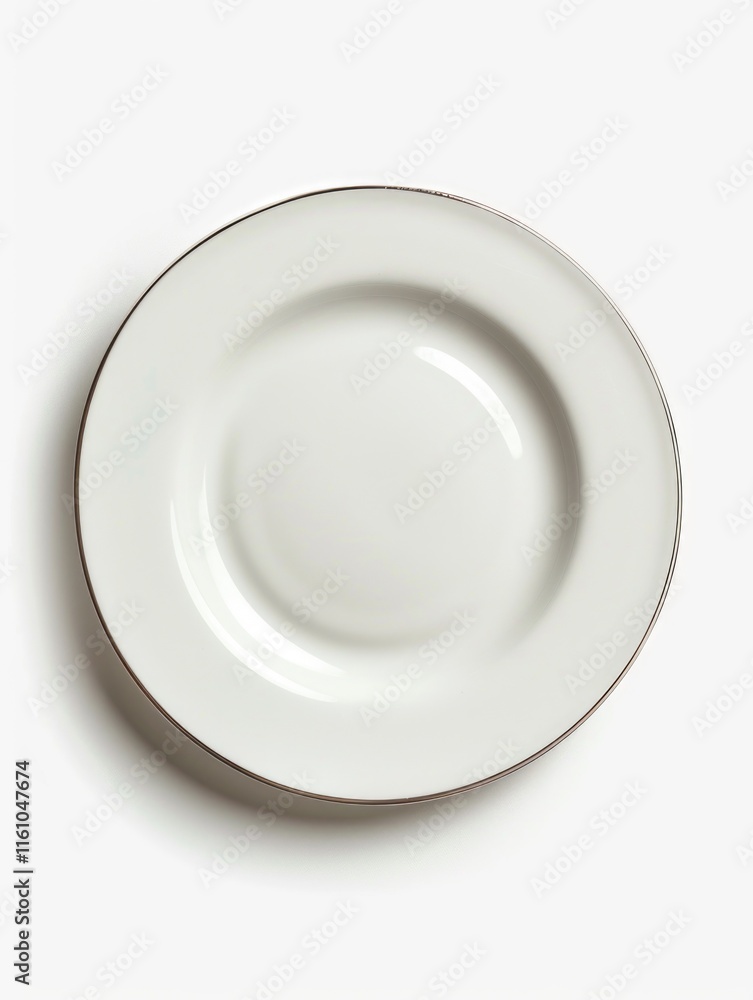 White plate with a gold rim sits on a white background. The plate is round and has a simple design White plate with a gold rim sits on a white background. The plate is round and has a simple design