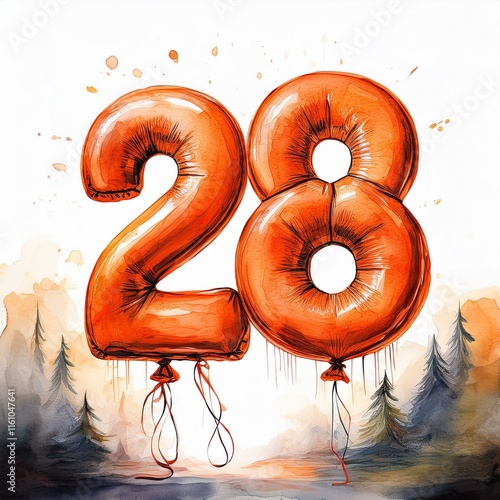 Orange birthday / anniversary balloon, number 28, watercolor painting with white background photo