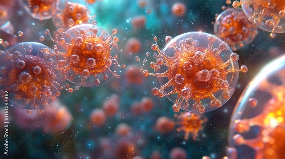 Naklejka premium Detailed visualization of microscopic virus particles in a spatial environment