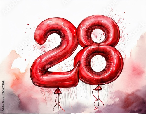 Red birthday / anniversary balloon, number 28, watercolor painting with white background photo