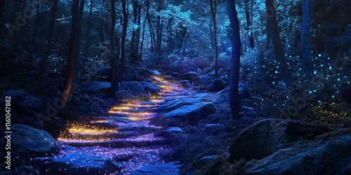 bioluminescent forest elements shift into vibrant, digital dreamscapes., Generative AI