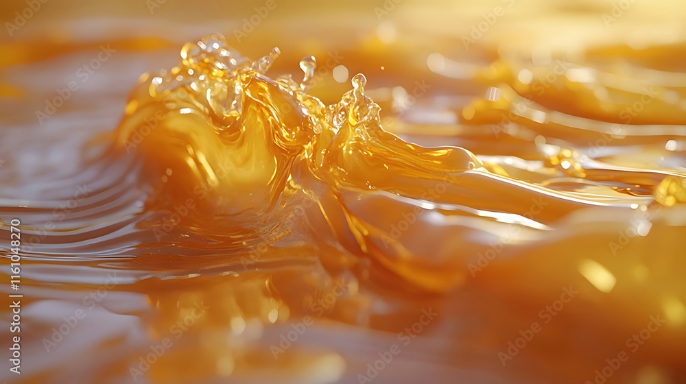 Close-up of golden liquid splashing, creating dynamic wave patterns with sunlight reflecting on its surface. Close-up of golden liquid splashing, creating dynamic wave patterns with sunlight reflecting on its surface.