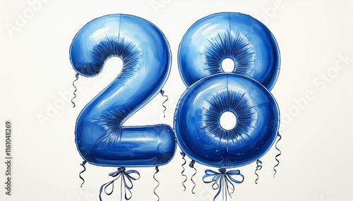 Blue birthday / anniversary balloon, number 28, watercolor painting with white background photo