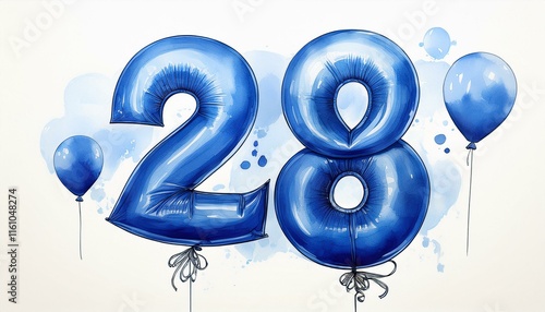 Blue birthday / anniversary balloon, number 28, watercolor painting with white background photo