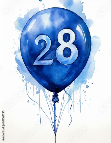 Blue birthday / anniversary balloon, number 28, watercolor painting with white background photo