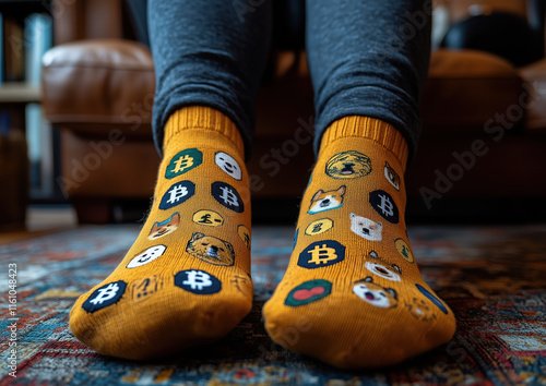 Persona sentada en un sillón, donde solo se ve parte de las piernas vistiendo leotardos con calcetines amarillos ocre mostaza, con dibujos de criptomonedas, Bitcoin, memecoins, regalo día de reyes photo