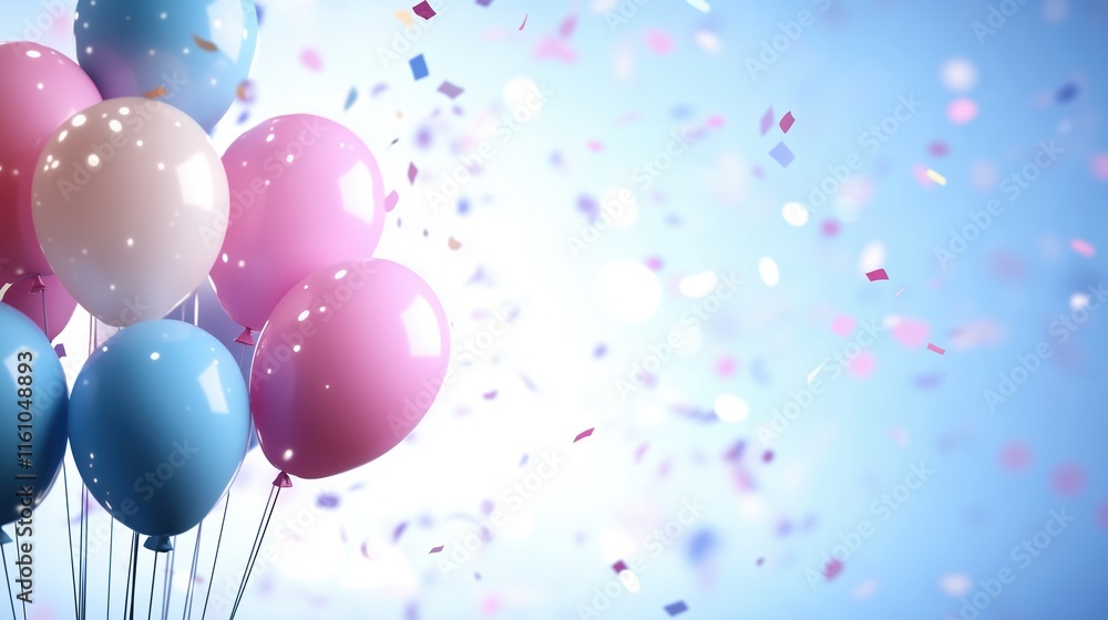 Pink and blue party balloons with sparkles on light background. Holiday celebration social media content Pink and blue party balloons with sparkles on light background. Holiday celebration social media content