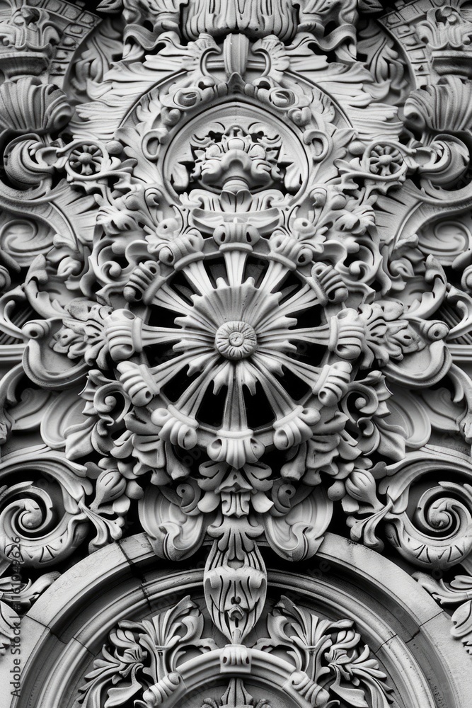 Very detailed and ornate design of a flower with a large center. The flower is surrounded by intricate patterns and designs Very detailed and ornate design of a flower with a large center. The flower is surrounded by intricate patterns and designs