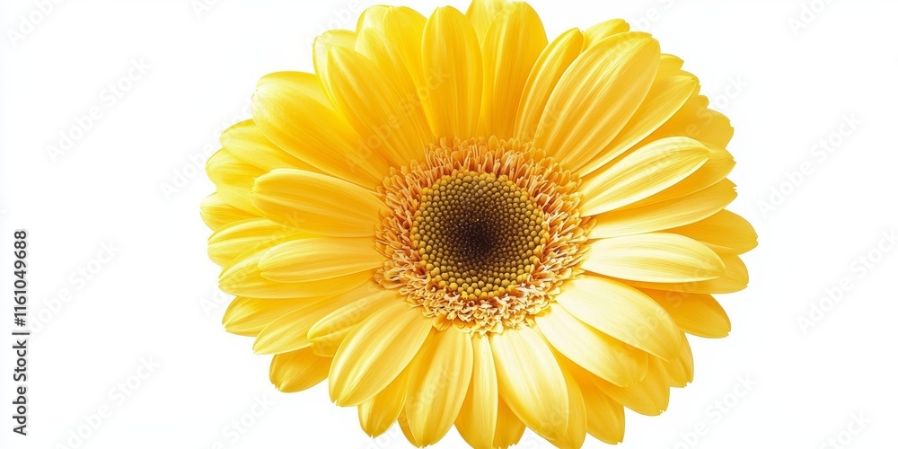 Fototapeta premium Top view of a vibrant yellow gerbera flower isolated on a white background, showcasing the beauty of the gerbera in all its vivid detail and bright color. Perfect for floral designs.