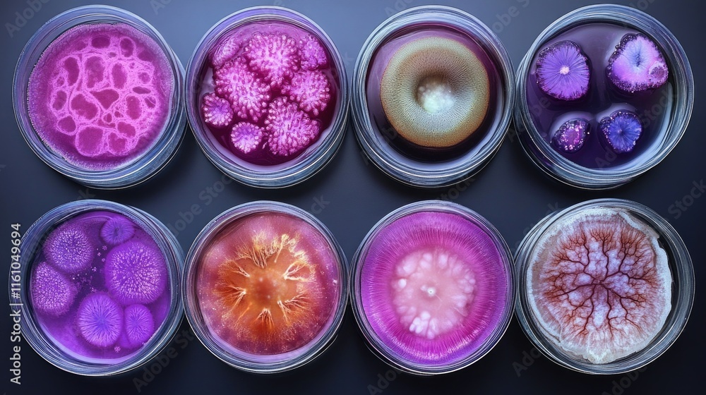 Colorful microbial growth in petri dishes displaying various textures and patterns Colorful microbial growth in petri dishes displaying various textures and patterns