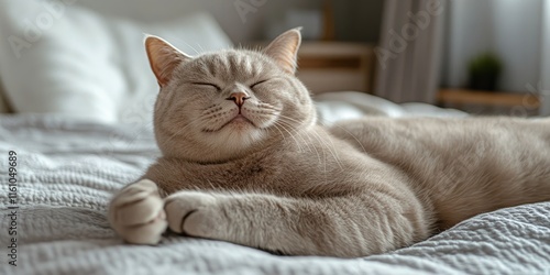 Domestic cat engaged in grooming on a comfortable bed at home, showcasing the cat s natural behavior and charm while it enjoys a relaxing moment in its cozy environment. photo