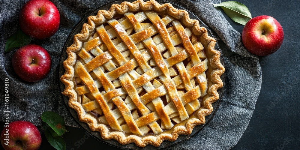 A top view of a homemade apple pie serves as a food backdrop, highlighting a delightful culinary theme centered around this classic dessert. A top view of a homemade apple pie serves as a food backdrop, highlighting a delightful culinary theme centered around this classic dessert.
