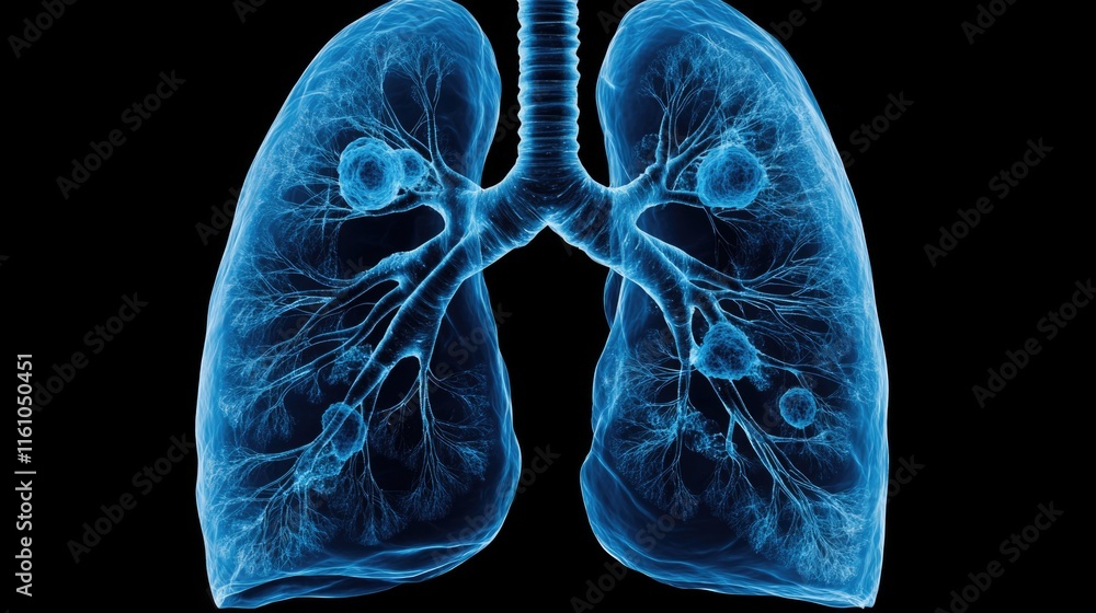 Detailed 3d visualization of human lungs with tumors in blue Detailed 3d visualization of human lungs with tumors in blue