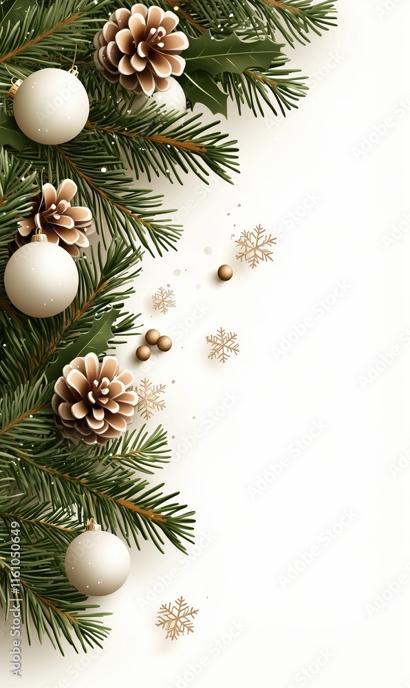Christmas tree branch with white balls and pine cones on white background. Holiday greeting card design Christmas tree branch with white balls and pine cones on white background. Holiday greeting card design