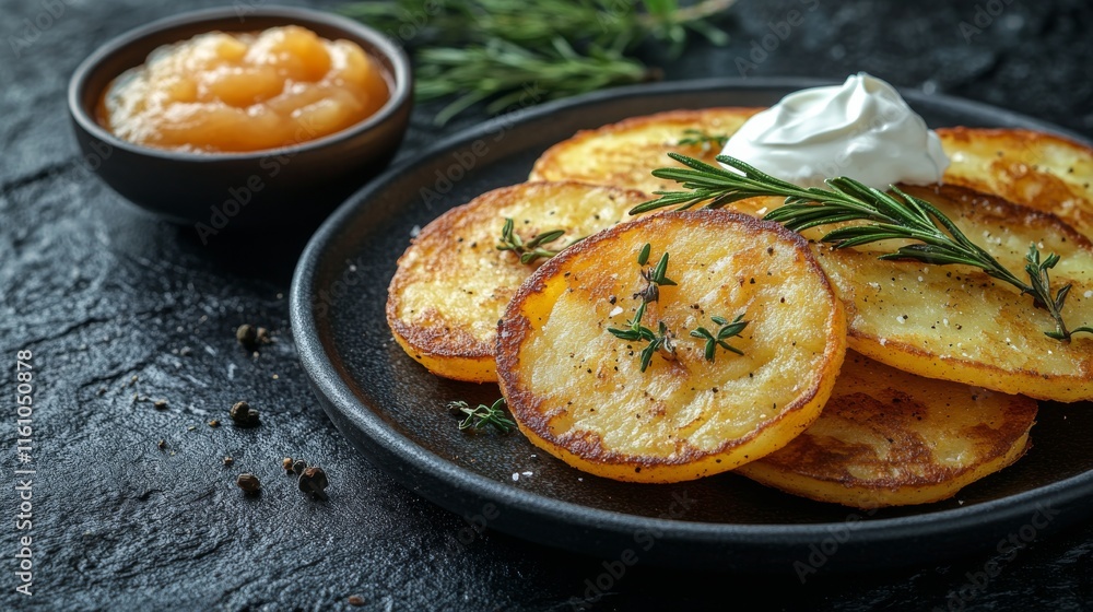Deliciously crispy potato latkes served with apple sauce and a dollop of sour cream on a rustic plate Deliciously crispy potato latkes served with apple sauce and a dollop of sour cream on a rustic plate
