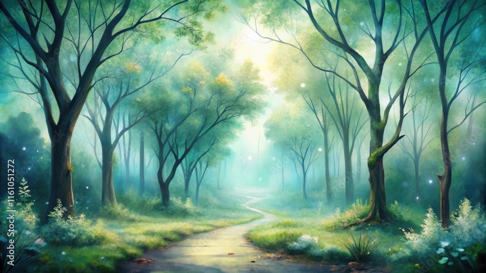 A misty forest path winds through tall trees, sunlight filtering through the canopy, creating a magical atmosphere. A misty forest path winds through tall trees, sunlight filtering through the canopy, creating a magical atmosphere.