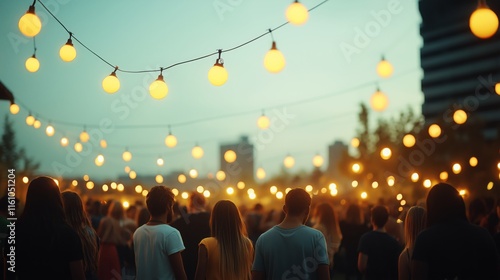 DJ performing in an urban rooftop garden surrounded by greenery against a vibrant city skyline at sunset