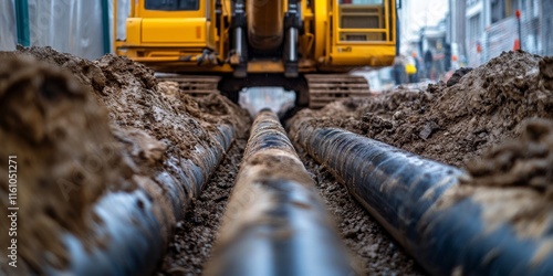 Low angle perspective showcasing horizontal directional drilling technology in action. The drilling machine is engaged in the trenchless installation of pipelines, highlighting the efficiency of photo