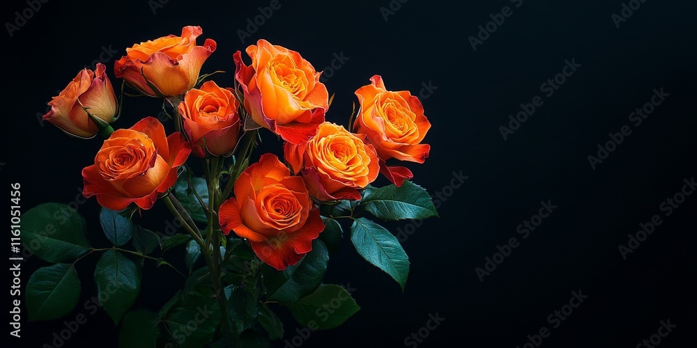 Vibrant and fiery flowers showcased in a stunning studio shot featuring a bouquet of roses against a bold black background, highlighting the beauty and intensity of these fiery flowers. Vibrant and fiery flowers showcased in a stunning studio shot featuring a bouquet of roses against a bold black background, highlighting the beauty and intensity of these fiery flowers.