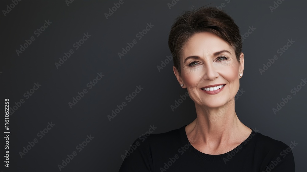 Mature woman in black top with pixie haircut smiling on gray background. Business corporate portrait advertisement Mature woman in black top with pixie haircut smiling on gray background. Business corporate portrait advertisement