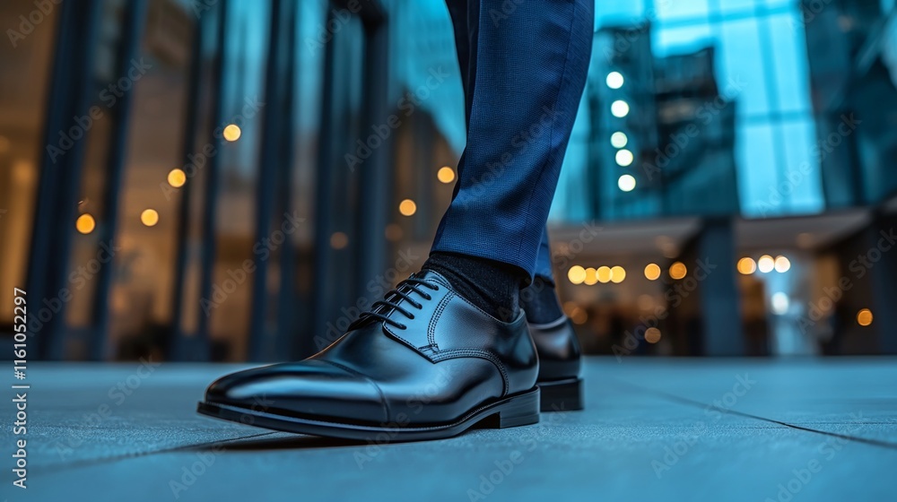 Fototapeta premium Confident man stands on clean city street wearing tailored navy trousers and polished black Oxford shoes. Bright natural light enhances shine of footwear against sleek office building.