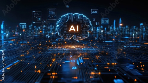 Futuristic ai brain in digital cityscape with neural network technology