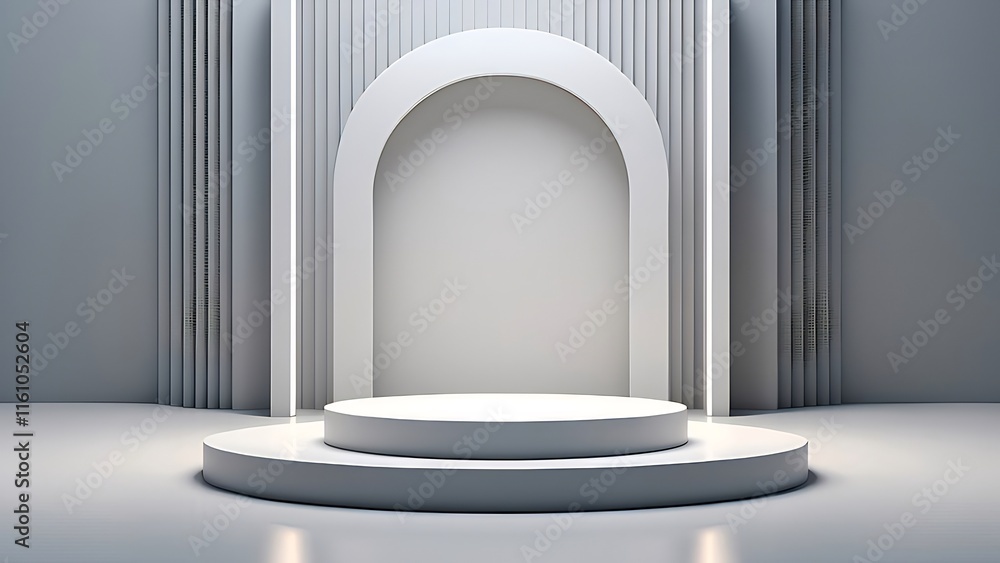 Minimalist white podium with arches and pillars, ideal for product display or presentation. Minimalist white podium with arches and pillars, ideal for product display or presentation.