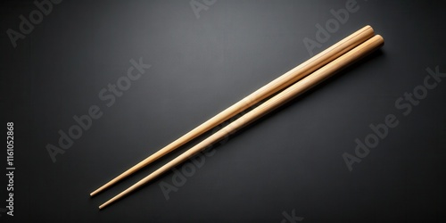 A pair of unvarnished wooden chopsticks lie on a dark surface, ready to be used for a delicious Asian meal. photo