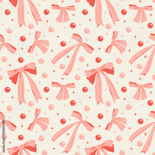 Vector seamless pattern with hand-drawn red and pink bows, beads, ribbons and stars. Cute flirty background. Prints for textiles,wedding celebrations, wrapping paper